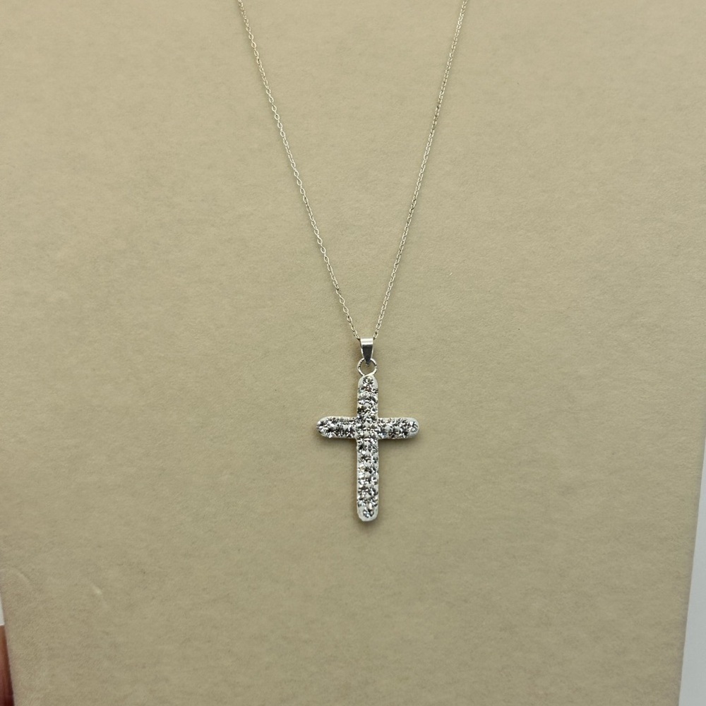 925 Silver Crystal Cross Pendant Necklace 17" Stamped 925 Italy Dainty Sparkly